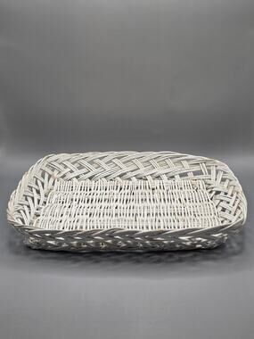 Vintage White Wicker Serving Tray 12" Shallow Basket Shabby Chic Cottage Decor